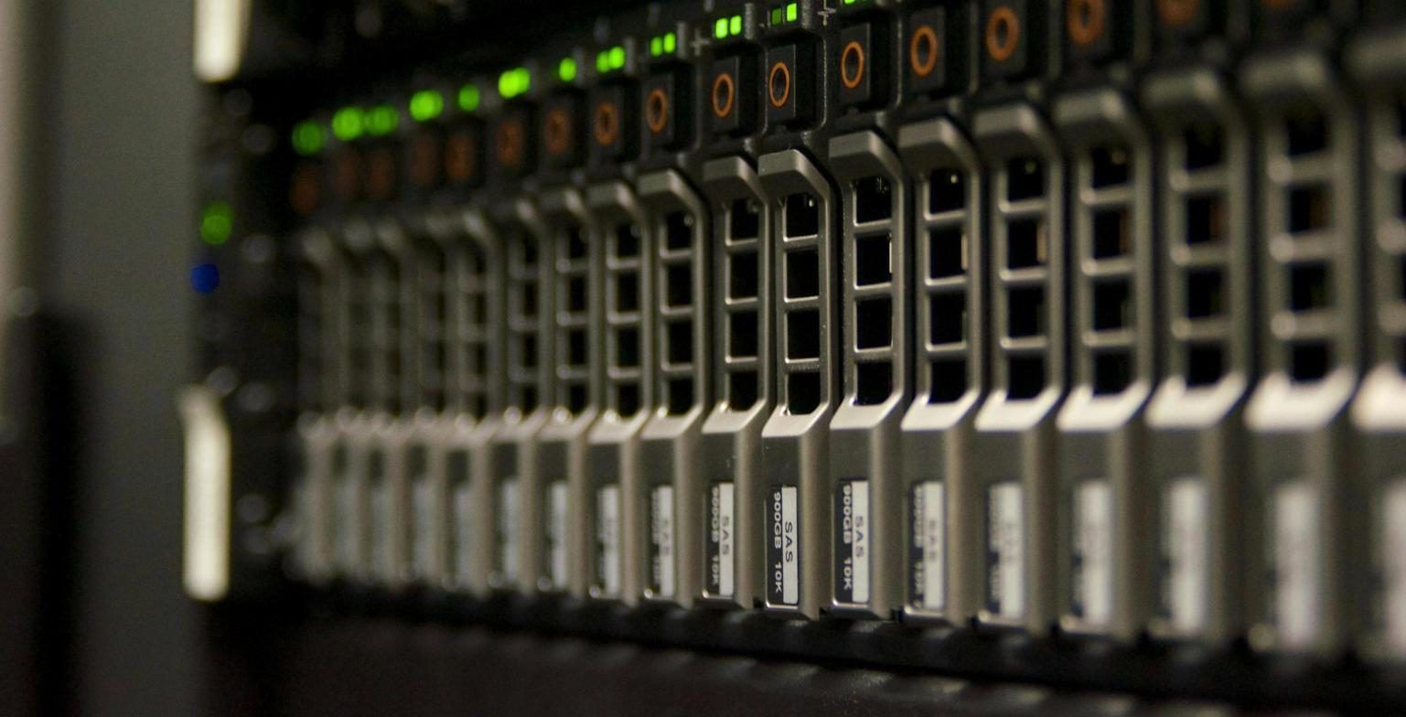 Data centre server racks with status lights